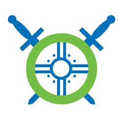 Graphic of a shield with a green Servus Circle as its border. Behind the shield are two blue swords placed like a cross with their handles pointing upwards.