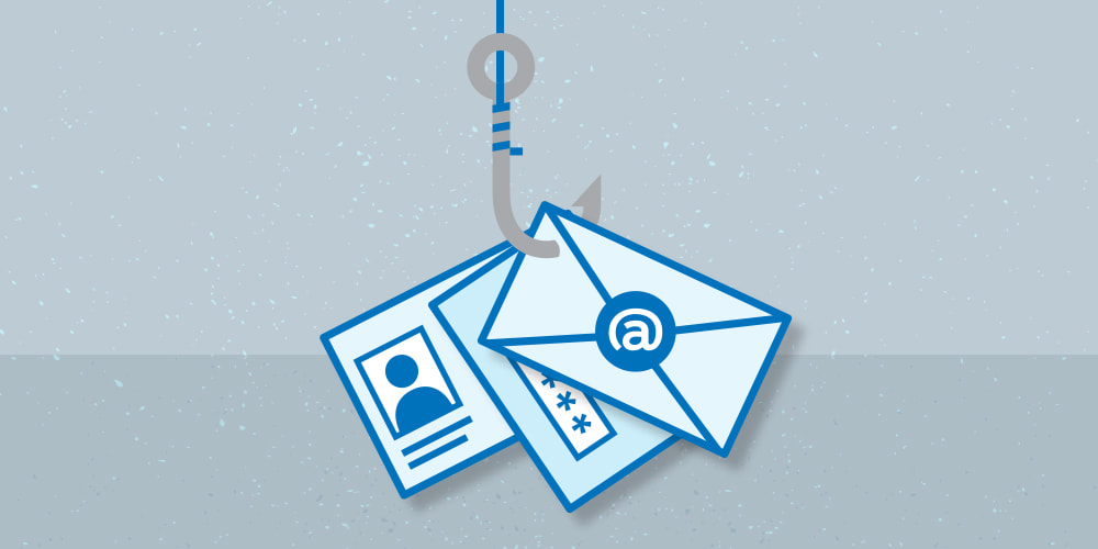 Illustration of a fish hook with some items (from front to back): an envelope with an "@" sign (representing your email), a card with several asterisks (*** representing your password), and a card with a photo (representing your identity). This graphic depicts cyber criminals baiting you with scams and fraud online.