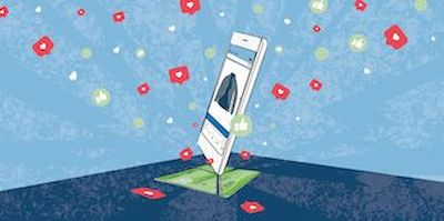 illustration of a mobile phone with a lot of social media likes and hearts streaking out from it