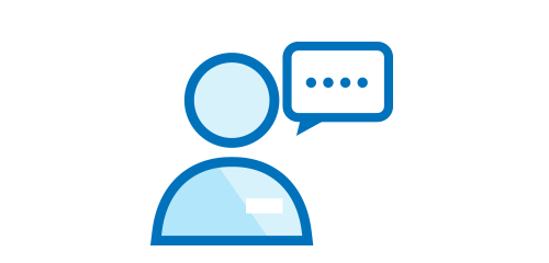Simple blue icon of a generic person shape with a filled in rectangle (like a name tag) on the right side of its chest and a speech bubble next to its head.