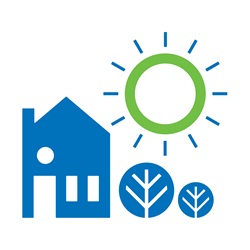 Graphic of a blue house and two trees and a green Servus Circle styled as the sun.