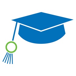 Graphic of a blue graduation cap with a green Servus Circle as part of the tassel.