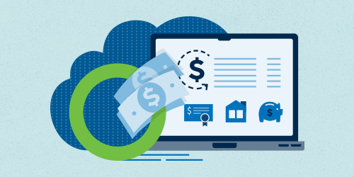 An illustration of some cash, the green Servus circle and a laptop that has a certificate, a house, a piggy bank and a dollar sign on the screen. These images represent ways you can use your Profit Share Rewards cash.