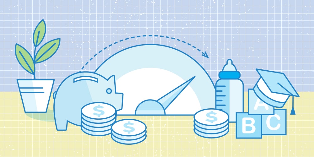 Illustration of (from left to right) an indoor plant, a piggy bank, an accelerating speedometer, 3 stacks of coins, a baby bottle, 3 ABC blocks, and a graduation cap. 