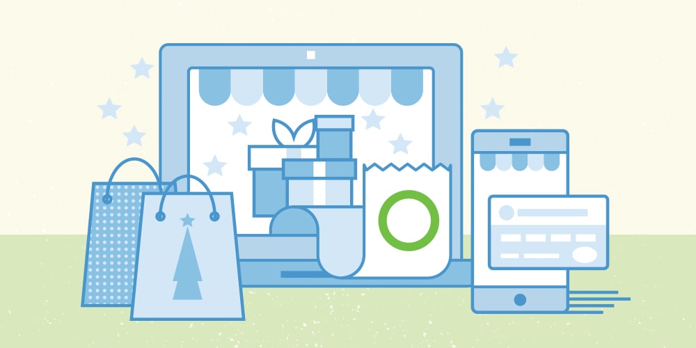 An illustration of some gifts for the holidays and a mobile phone with a Member card on the right. A ribbon with a green Servus circle comes out of a tablet computer. It depicts using contactless payment methods to pay for holiday shopping.