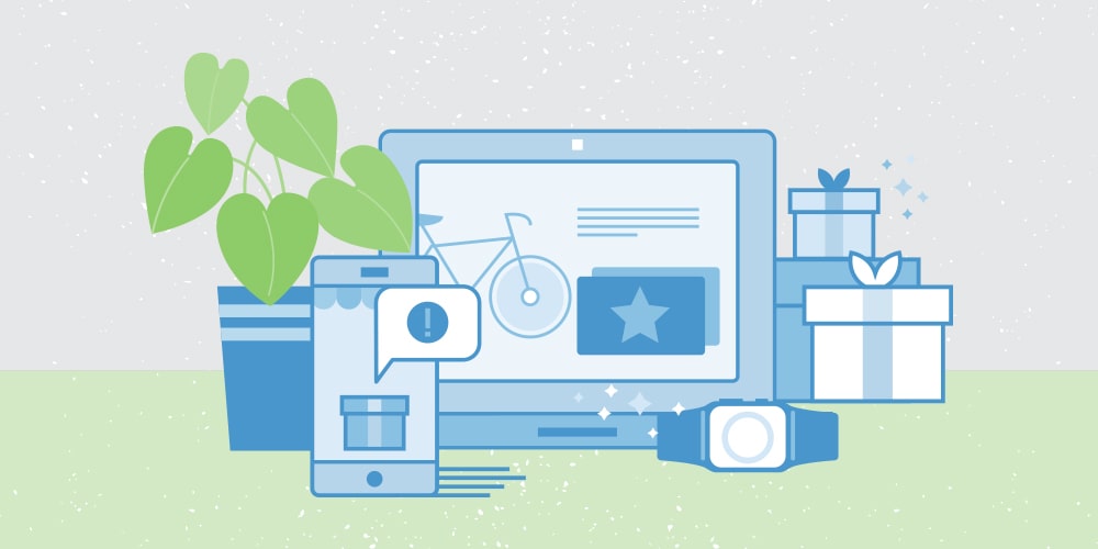 An illustration of (from left to right) an indoor plant, a smart phone showing a notification of a delivery, a tablet computer showing a bicycle and a card with a big star in the middle, next to the tablet are a smart watch. and a couple of wrapped gifts.