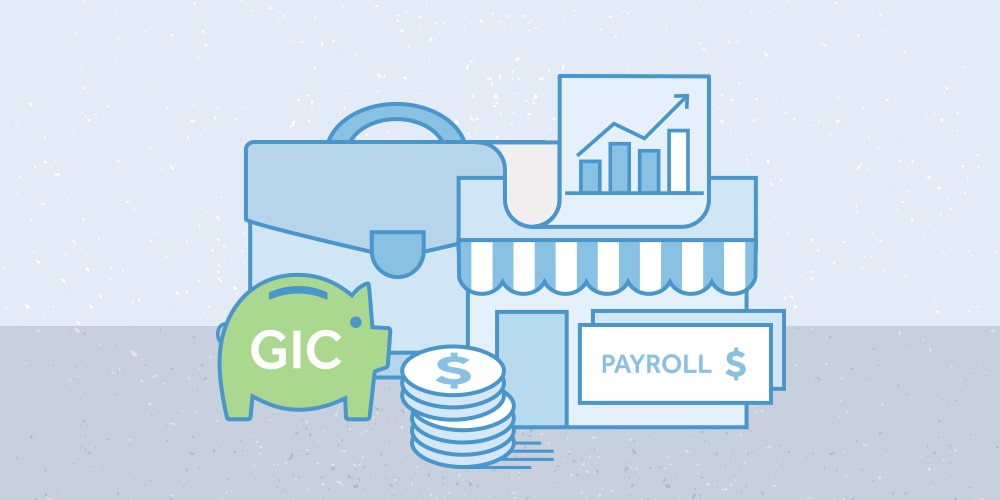 An illustration for a blog post about smart investing in a low interest rate climate. From left to right: (Top left) a briefcase, (Bo-ttom left) a green GIC piggy bank. (Middle front) a stack of coins, (Right) a storefront with 2 payroll cheques representing Emergency Payroll Savings Accounts and on the top is a ribbon of a bar chart and an upward arrow representing Stock Market GICs.