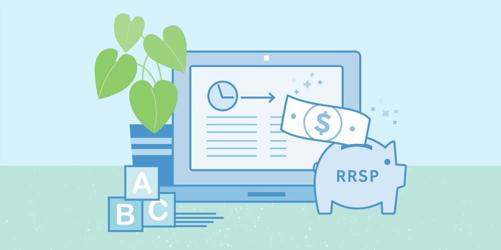 Smart moves for RRSPs: An illustration of (from left to right) an indoor plant, a tablet computer showing a simplified clock and an arrow. The arrow points to the right at a dollar bill flying in an RRSP piggy bank outside the tablet. In front of the plant are 3 ABC blocks.