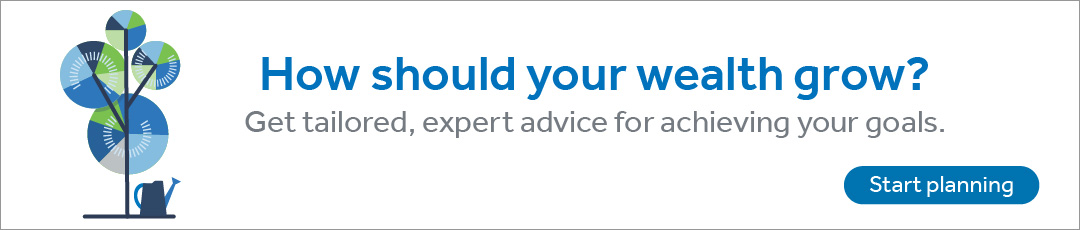 Ad asking "How should your wealth grow? Get tailored, expert advice for achieving your goals. Start planning." on the left side there is a tree and a watering can.