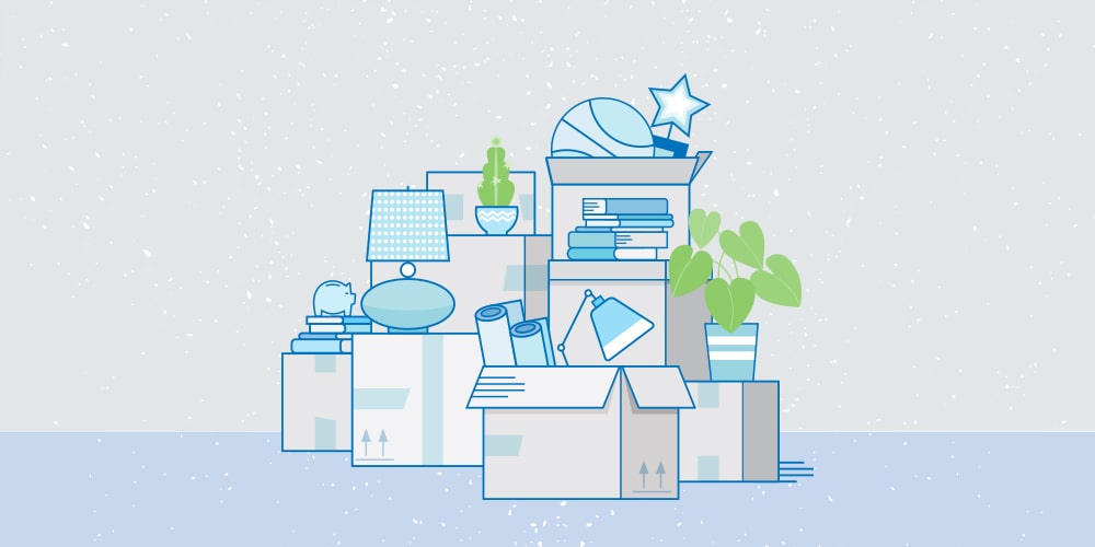 Illustration of moving boxes filled with household items like lamps, plants, books, and toys, spilling out and stacked together.
