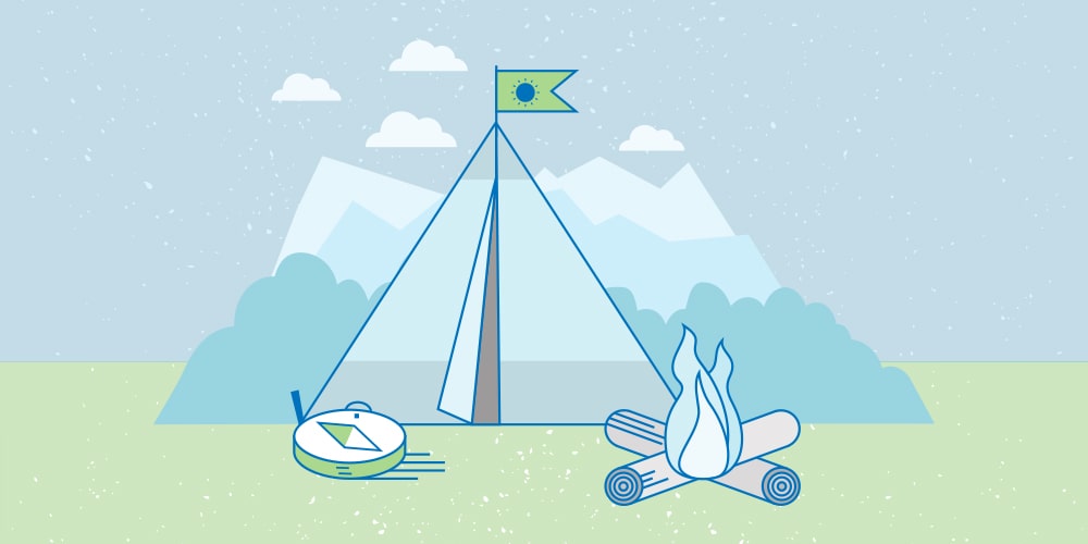 An illustration of a mountain setting, including a triangle shaped tent with a small flag on top of it, a lit campfire, and a compass rose.