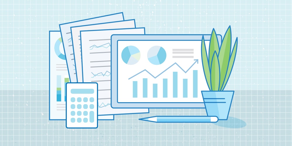 Illustration of financial planning. From left to right: financial statements, a calculator, a tablet computer showing 2 pie charts and 1 bar chart with an arrow matching the upwards growth and trajectory of the rectangular bars, a pencil and an indoor plant.