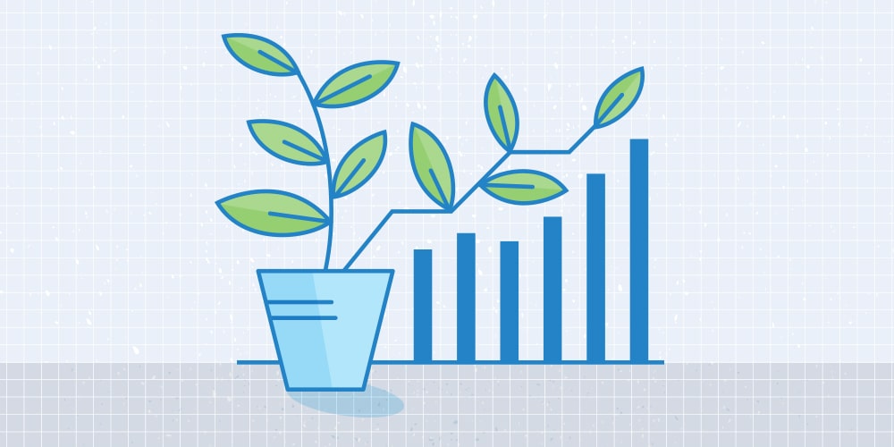 An illustration of Environmental, Social and Governance (ESG) investing and Socially Responsible Investing (SRI). A stem with some leaves of an indoor plant extends to the right and matches the height of the bars in a bar chart.