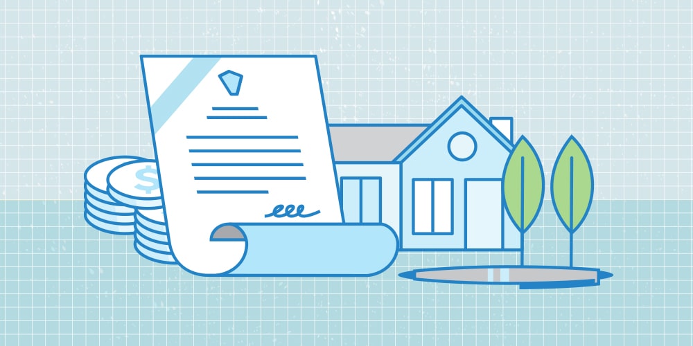 An illustration of estate planning. Money (stacks of coins) and property (a house) are behind a huge piece of estate planning document.