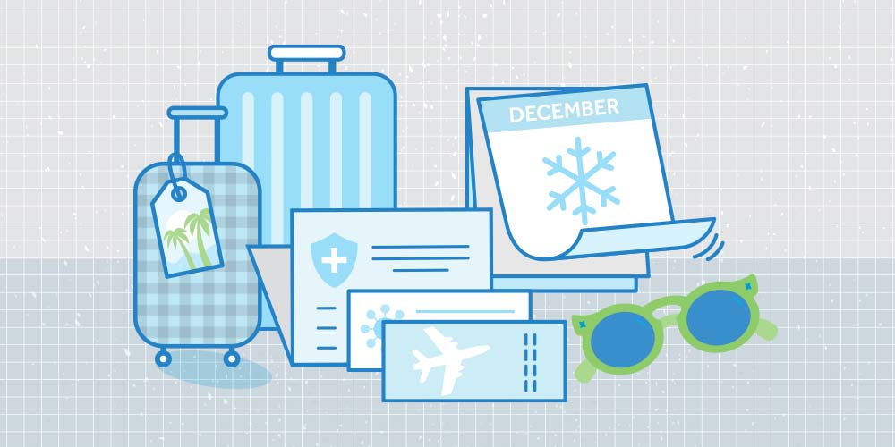 An illustration about snowbirds and travel insurance. From left to right: two suitcases, an insurance document, an air ticket, the last page of a calendar that has the word "December" and a snowflake on it, a pair of sunglasses with green frame.