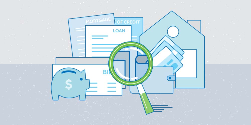 An illustration about staying debt-free. Looking through a magnifying glass to see the details of your savings, bills, mortgage, loan, line of credit statements, a wallet with some credit cards, and a house.