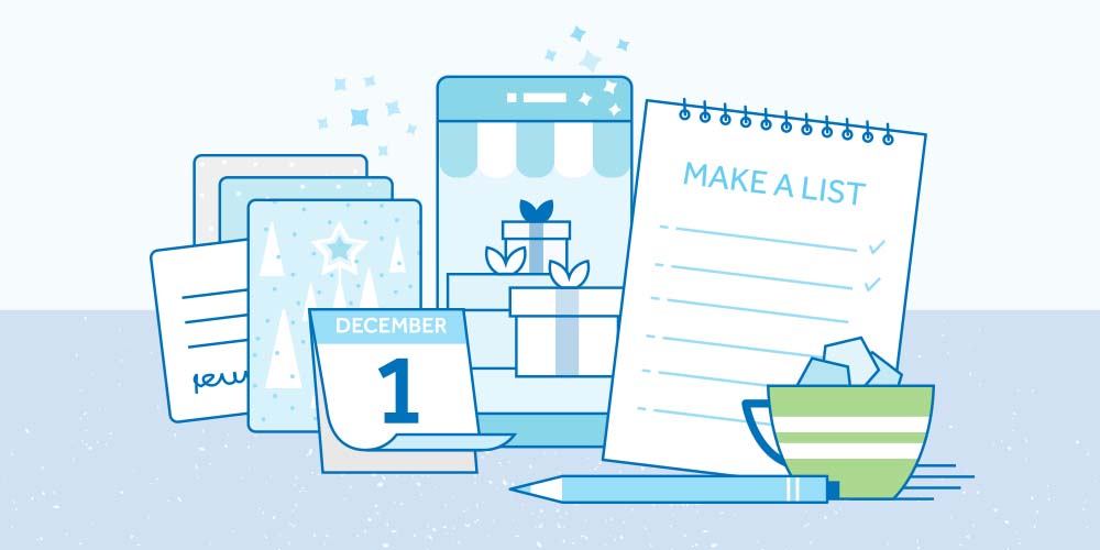 An illustration of various holidays items. Some greeting cards, a calendar showing December 1, a mobile phone showing 3 gift boxes, a note pad for making a list, a pencil, a cup with paper pentagons.