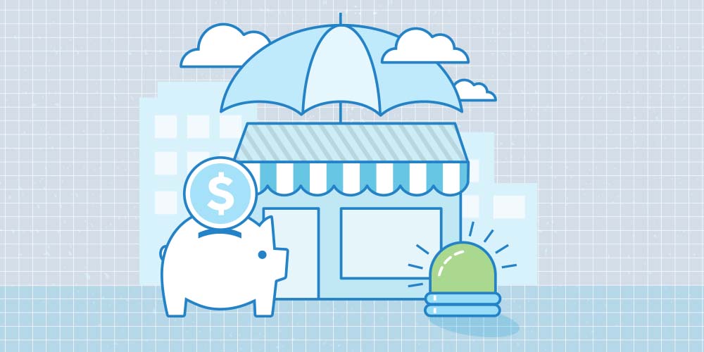 An illustration of business emergency fund. A huge umbrella shielding a business storefront from bad weather. Next to the store are money above a piggy bank and a green light shining.