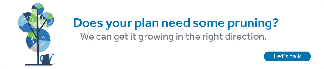 Ad asking "Does your plan need some pruning? We can get it growing in the right direction. Let's talk." on the left side there is a tree and a watering can.