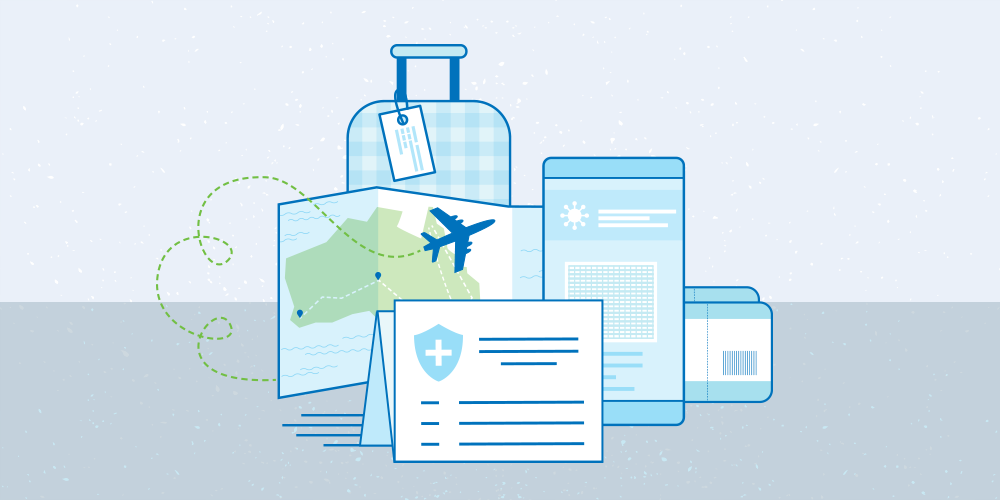 An illustration about enjoying a trip. From left to right, an airplane symbol flying around a map of Australia, a suitcase, a travel insurance document, a mobile phone, and 2 air tickets.