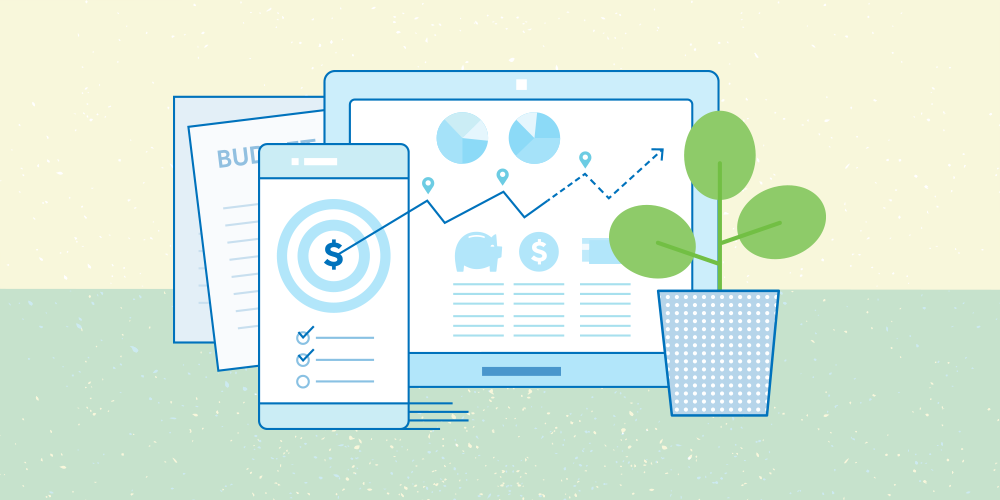 An illustration about goal setting. From left to right: 2 pieces of paper with Budget as the heading, a mobile phone showing a dollar sign inside a target, a tablet computer showing 2 pie charts and some goals, an indoor plant.