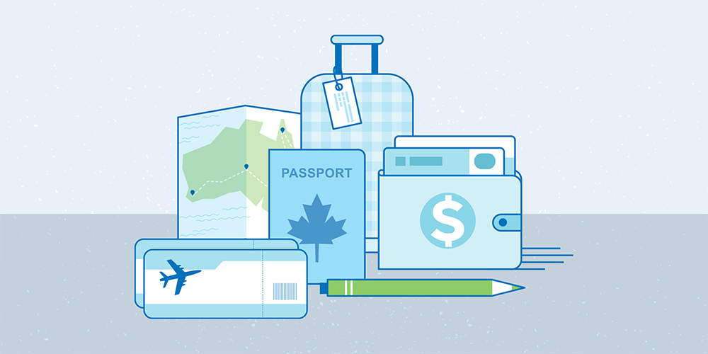 An illustration about planning a trip. From left to right, 2 air tickets, a map of Australia, a Canadian passport, a suitcase, a pencil, a wallet with a credit card and another card.
