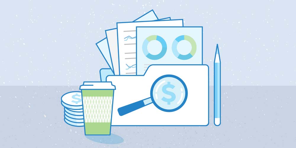 An illustration about reprioritizing your finances. From left to right, money, a paper cup with the cap on, a folder with financial statements, a dollar sign inside a magnifying glass, and a pencil.