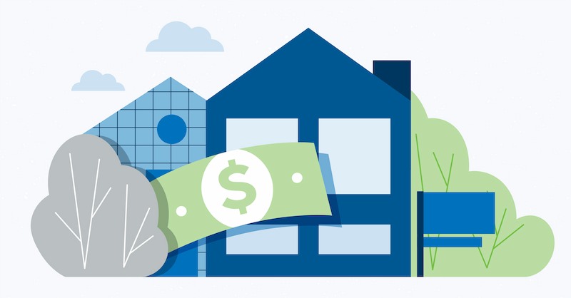 graphic of a home with a few shrubs, dollar bill and greenhouse around it