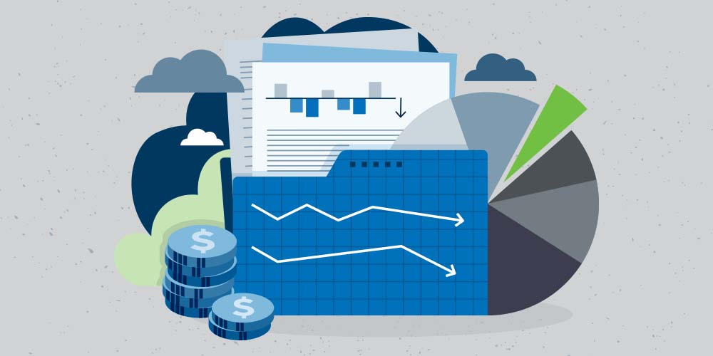 An illustration that shows a file folder full of papers with declining investment charts. To the left of the folder is a small pile of coins and to the right is a pie chart with a small segment highlighted. Storm clouds loom over these items. When viewed together, the items come together to look like a frowning face.