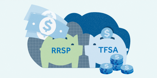 An illustration of two piggy banks facing one another. The piggy bank on the left is green, says "RRSP" on it and has paper money going into it. The piggy bank on the right is blue, says "TFSA" on it and is surrounded by stacks of coins, with one coin going into it's slot. 