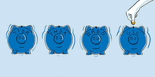 4 piggy banks in blue outline denoting savings and investing