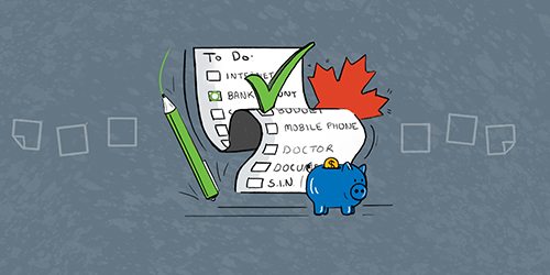 a checklist denoting all the things that need to be done on a grey background with a green pencil, a blue piggy bank and a red maple leaf