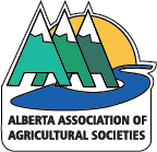 Alberta Association of Agricultural Societies logo vertical showing 3 As in different shades of green against a yellow background with blue river running beneath
