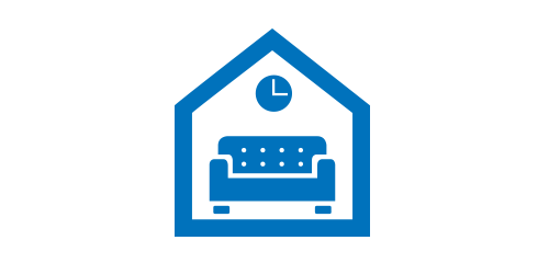 Illustration of a blue sofa and blue clock inside a simple five-sided house shape.