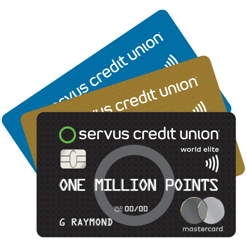 3 Servus Mastercards fanning out like poker hand. On the Servus World Elite Mastercard in the front, it says One Million Points where the name should be.