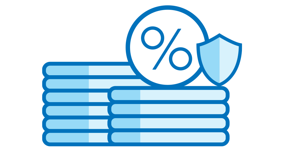 A blue illustration of a percentage sign (%) in a circle, next to a small shield, both circle and shield are on top of a stack of 4 coins. Behind them on the left is another stack of 6 coins.
