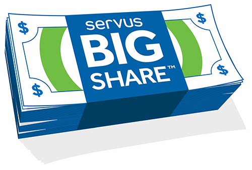 An illustration of a wad of cash with a blue bill wrapper that says in white text: Servus Big Share ™ .