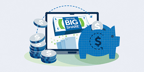sbs contest illustration with piggy bank showing more you save more you earn entries into the contest