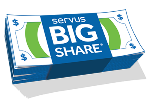 An illustration of a wad of cash with a blue bill wrapper that says in white text: Servus Big Share®