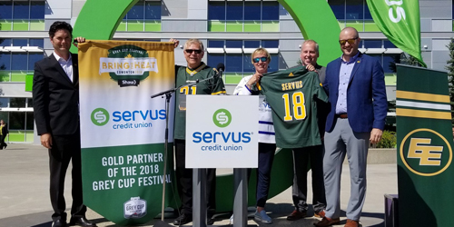 Servus Credit Union and the Edmonton Eskimos announce their three-year partnership, kicking off (pun intended) in June 2018