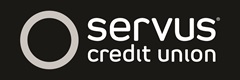 Graphic of Servus's logo in black reversed: both the Servus Circle (left) and the Servus Credit Union wordmark (right) are in grey and in a boxed background filled in black