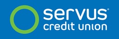Graphic of Servus's logo in colour reversed: both the Servus Circle in green (left) and the Servus Credit Union wordmark in white (right) are in a boxed background filled in blue