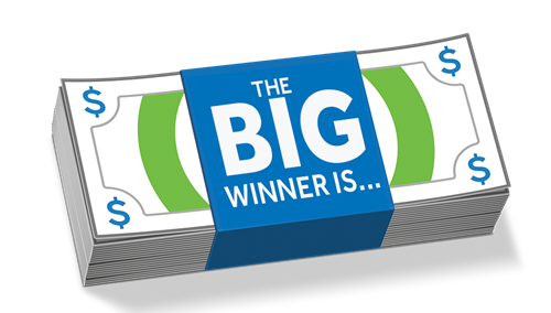 An illustration of a wad of cash with a blue bill wrapper that says in white text: "The BIG Winner is..."
